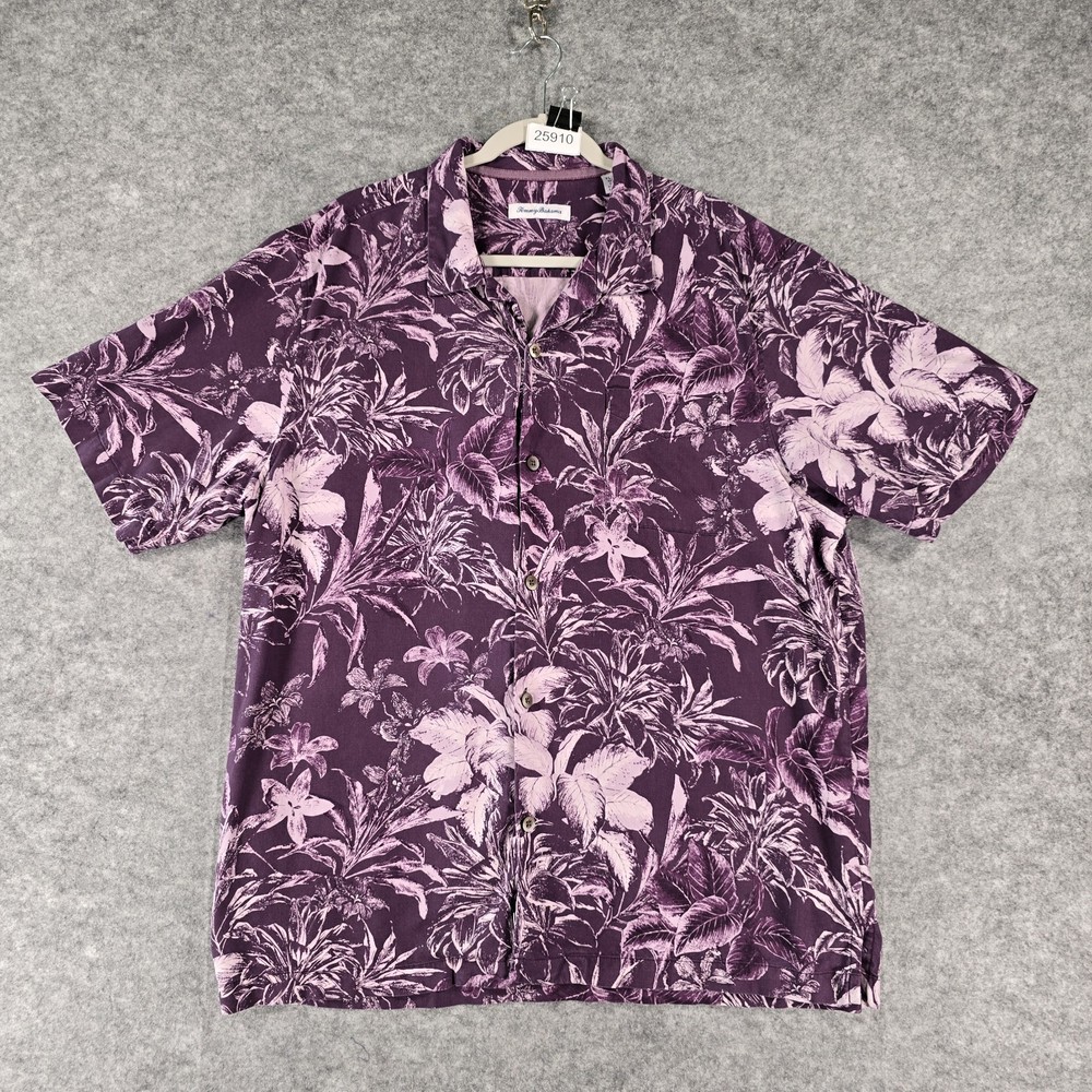 Tommy Bahama Shirt Mens XL Short Sleeve Button Up Purple Silk Floral Beach