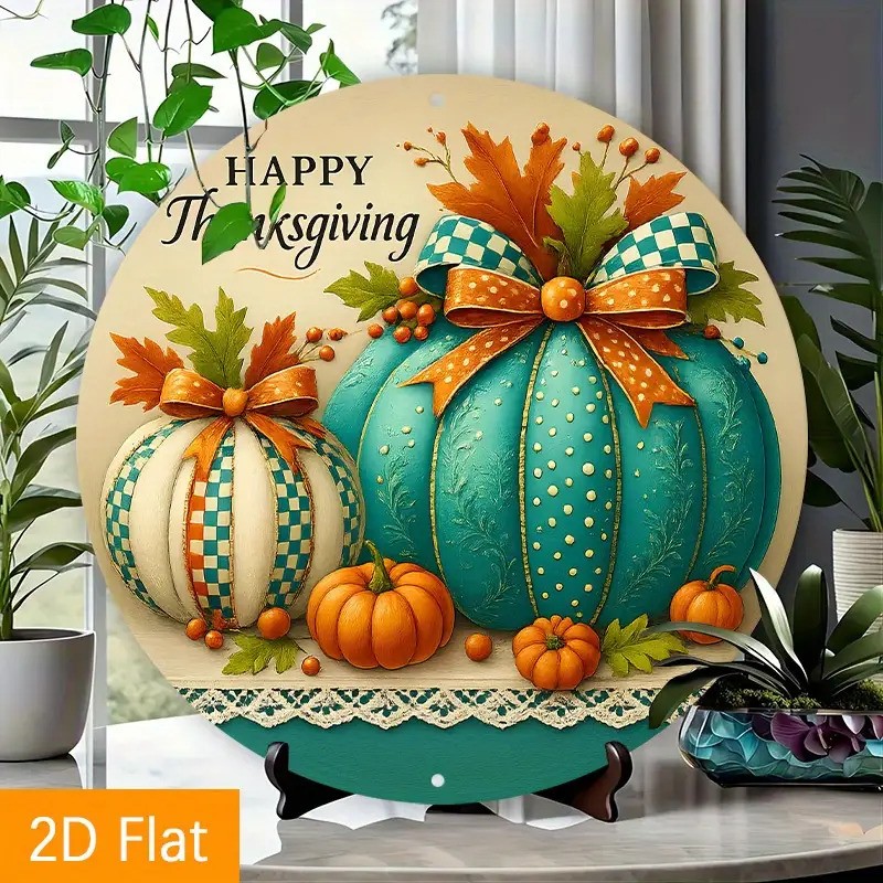 Thanksgiving Aluminum Wall Decor Pumpkin Autumn Leaves Round Sign
