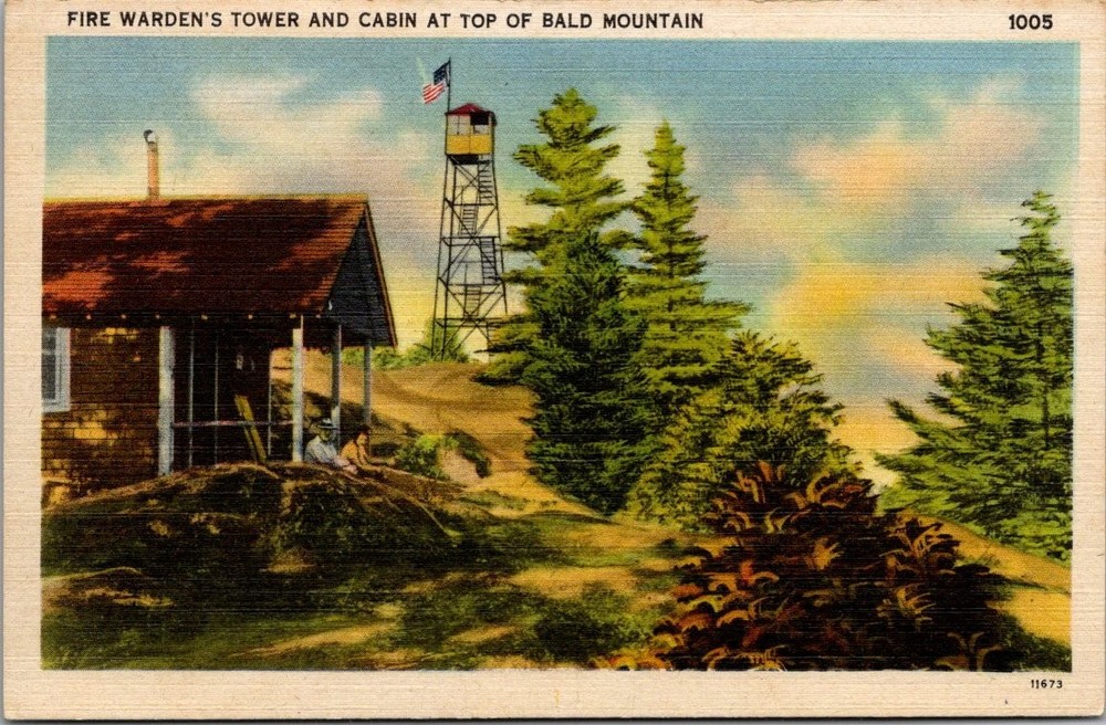 Bald Mountain Fire Tower & Cabin Postcard Otter Lake NY Linen 1930s