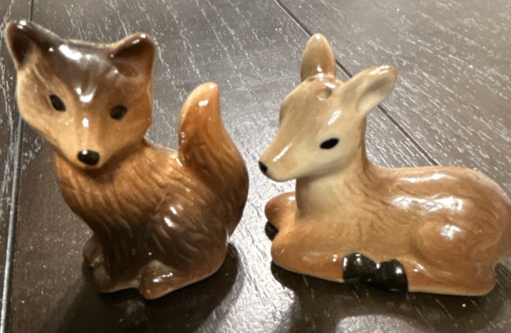 Fox & Deer Salt & Pepper Shakers Brown Beige Ceramic Animal Set