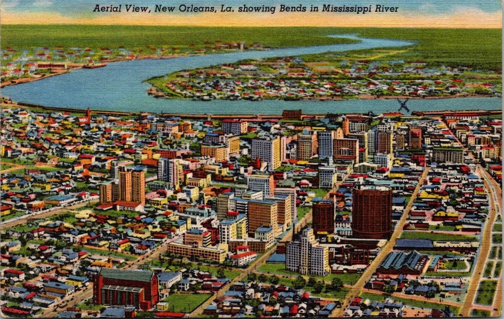 Dr Jim Stamps Postcard Aerial View New Orleans Showing Mississippi River Linen