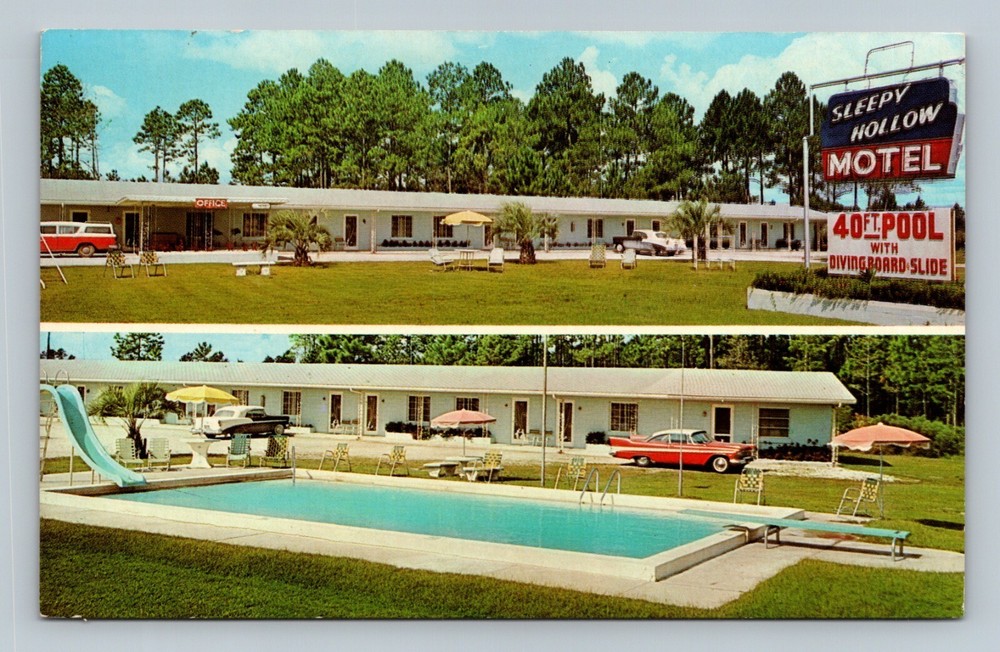 Starke Florida FL Sleepy Hollow Motel Pool Old Cars Dual View Postcard
