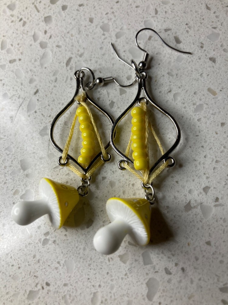 Silver plated threaded mushroom beaded dangle earrings