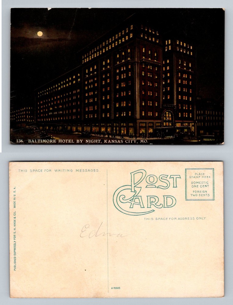 Kansas City, MO-Missouri, Baltimore Hotel by Night City Lights Vintage Postcard