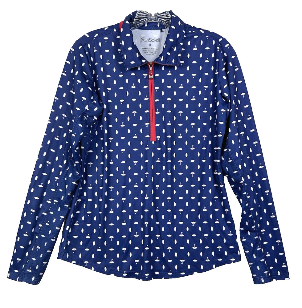 SAN SOLEIL Golf Top size SMALL Long Sleeve UV50 cooling 1/4 Zip FLAG stick Print