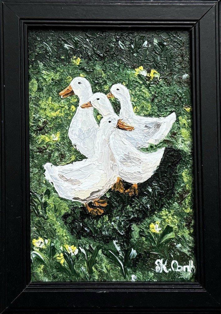 ORIGINAL OIL PAINTING DUCKS GARDEN LANDSCAPE SIGNED FRAMED 4x6