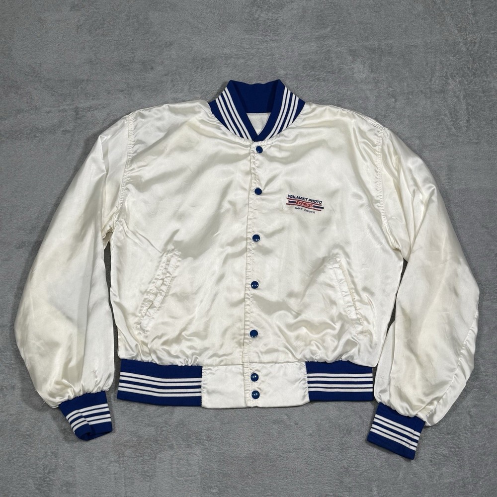 VTG 90s Walmart Photo Express Satin Varsity Jacket USA White Blue L Retro Merch