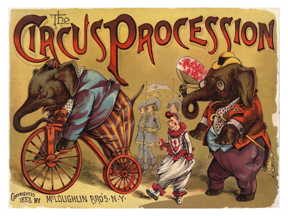 4692.the circus procession.elephant riding bike.POSTER.decor Home Office art