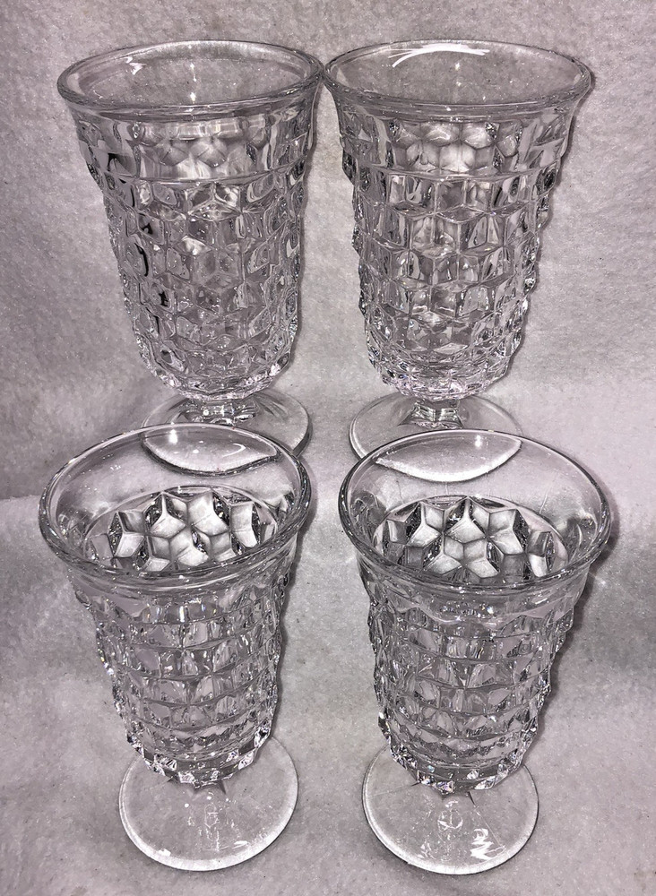 4 Vintage Fostoria American Footed Juice Glasses 4 3/4” T Clear Glass Cube Motif