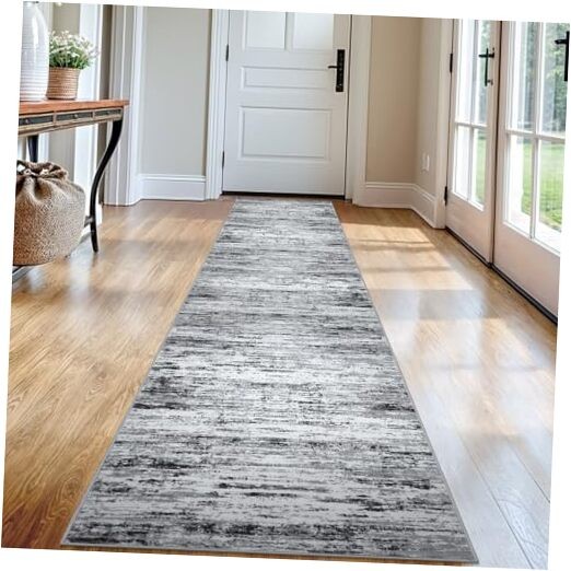 Modern Abstract Runner Rug 2x12 in Black Grey White – Stylish Narrow Hallway Carpet  -image