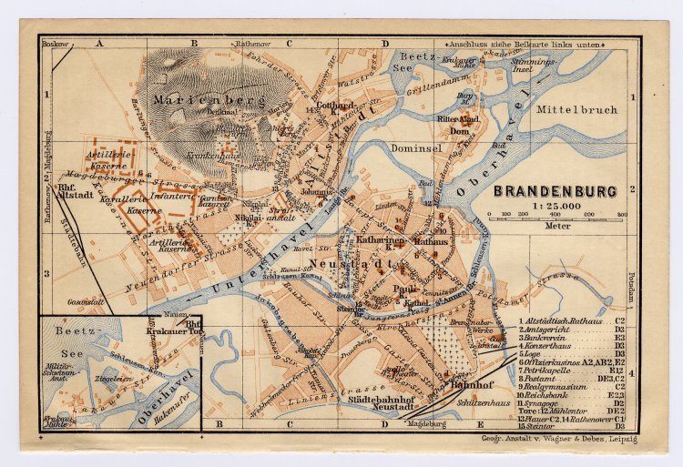 1910 Original Antique Map Of City Of Brandenburg / Germany