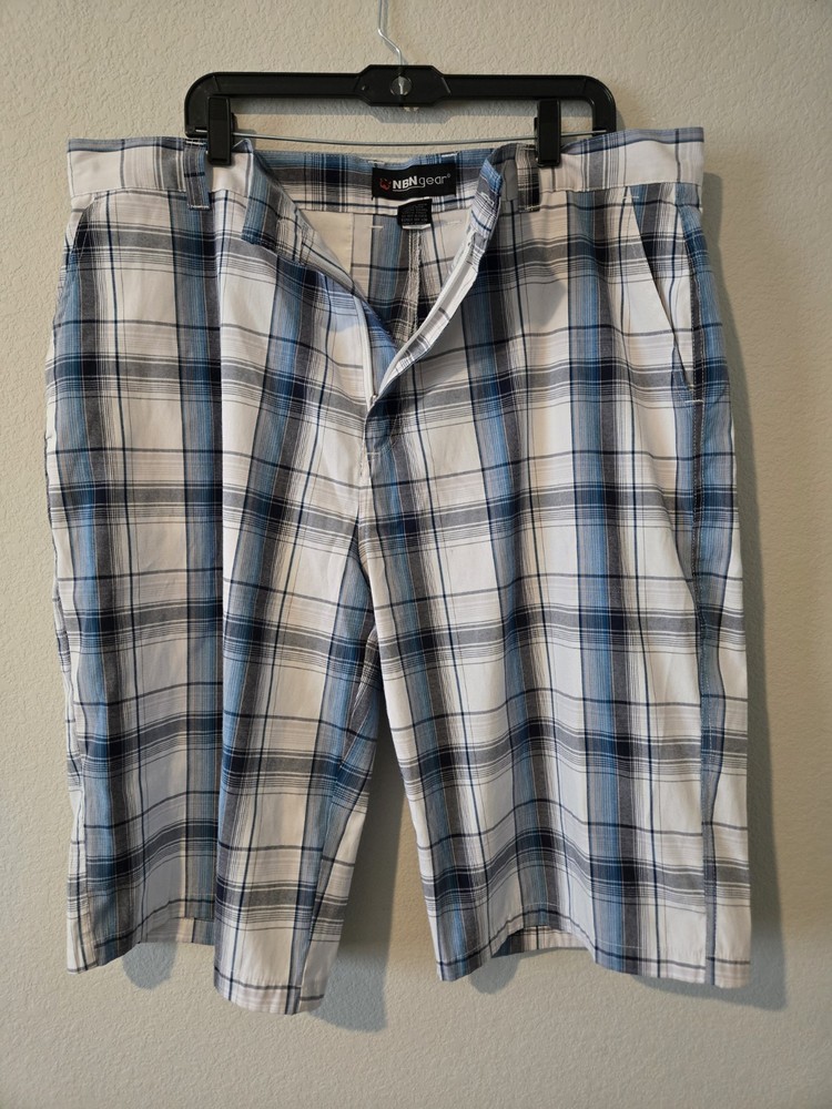 NBN Gear Men's Plaid Chino Shorts Blue White Black  Cotton Blend Size 40