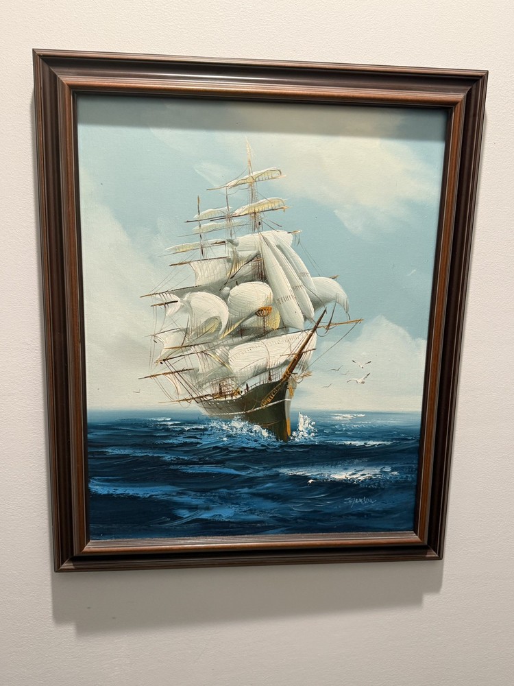 Vintage Hewitt Jackson Nautical  Ship Painting Canvas Framed Maritime Art Signed
