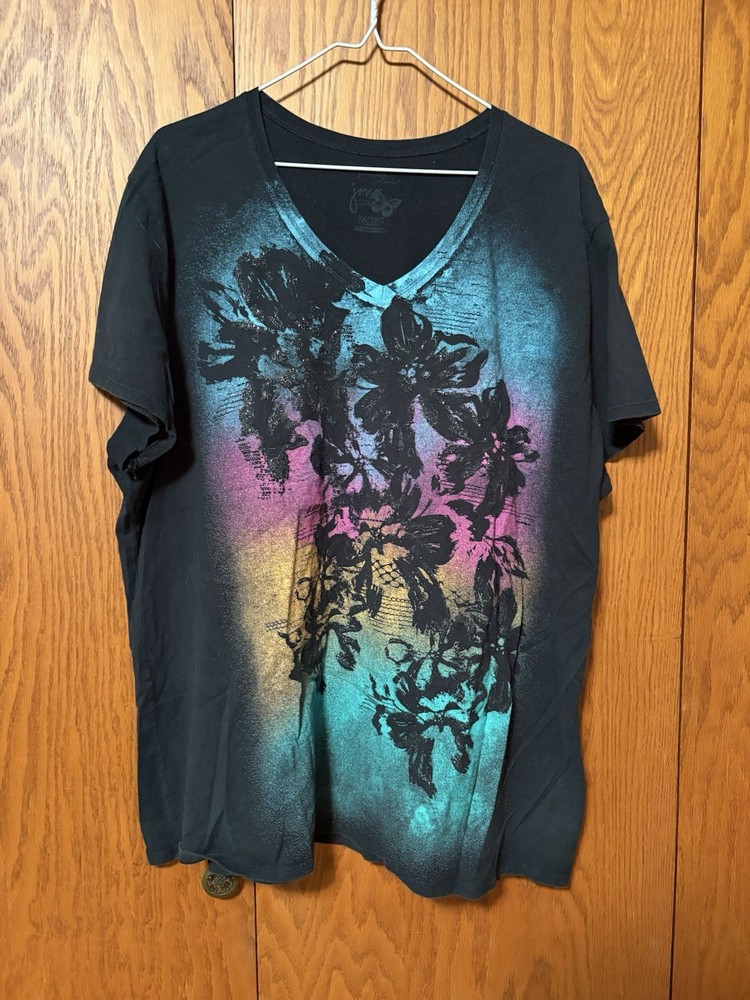 Just My Size Black Multicolor Graphic Print V-Neck Short Sleeve T-Shirt 3X