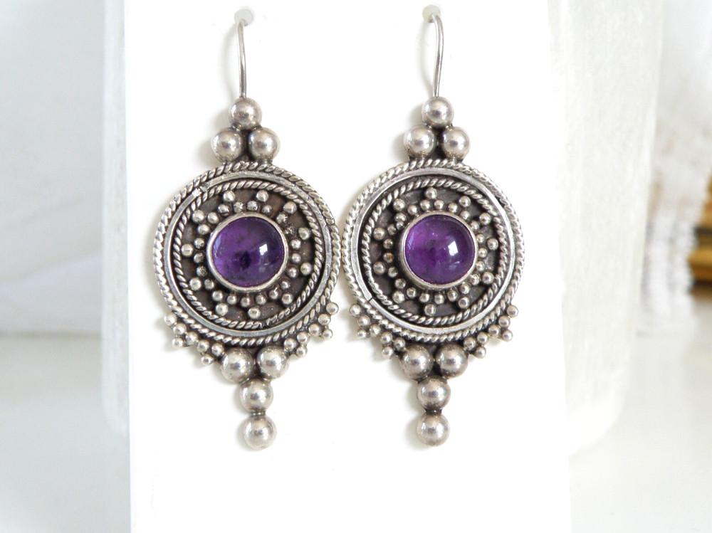 Vintage Sterling Silver 925 Amethyst Caviar Bead Large Dangle Drop Earrings