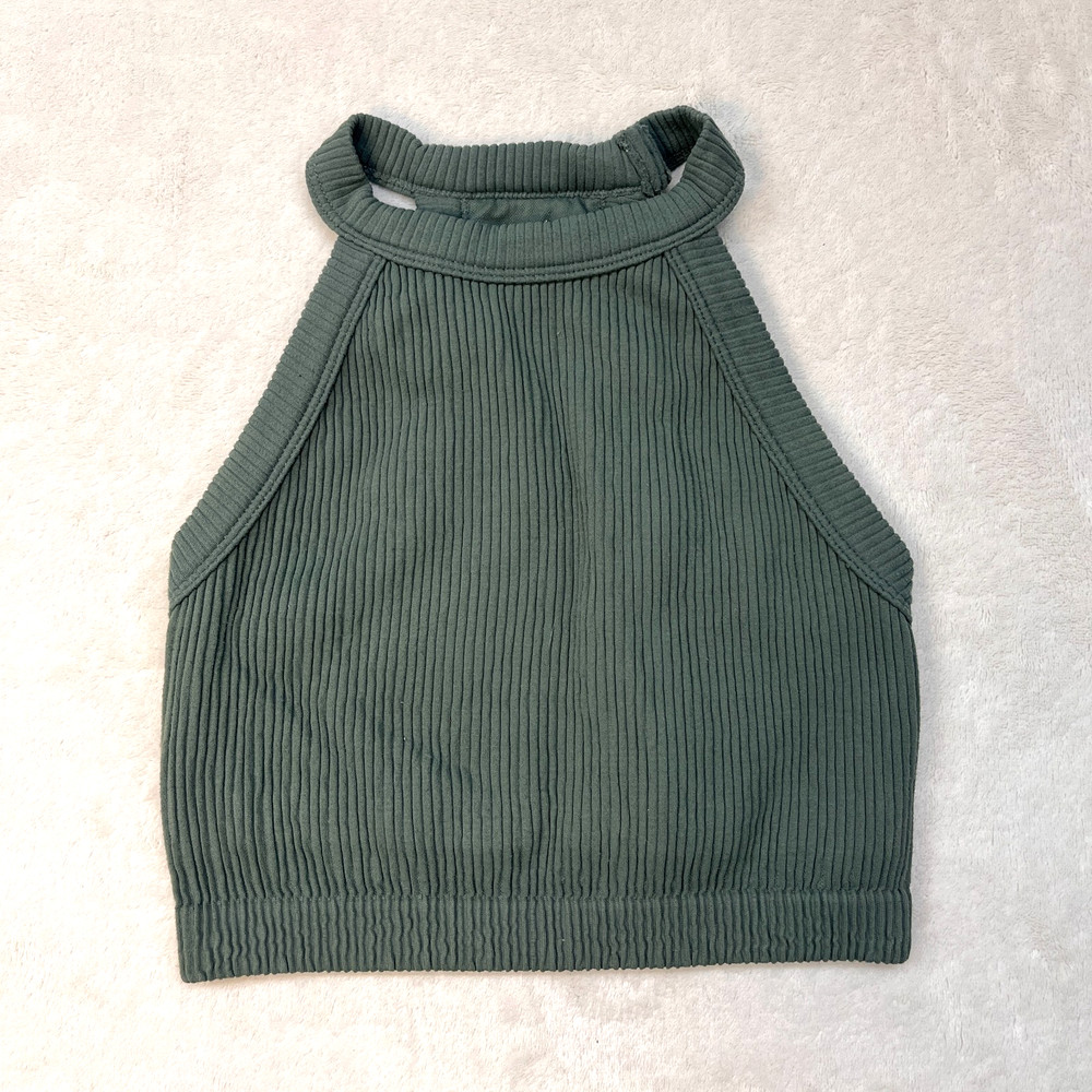 Aerie Superchill Real Good Ribbed High Neck Cropped Bra Tank Top Green Small S/P