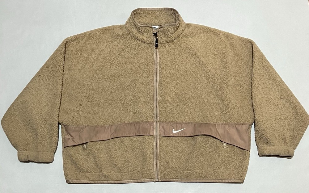 Nike Sherpa Womens Fleece Size XL Cropped Jacket Beige Hidden Pockets Full Zip