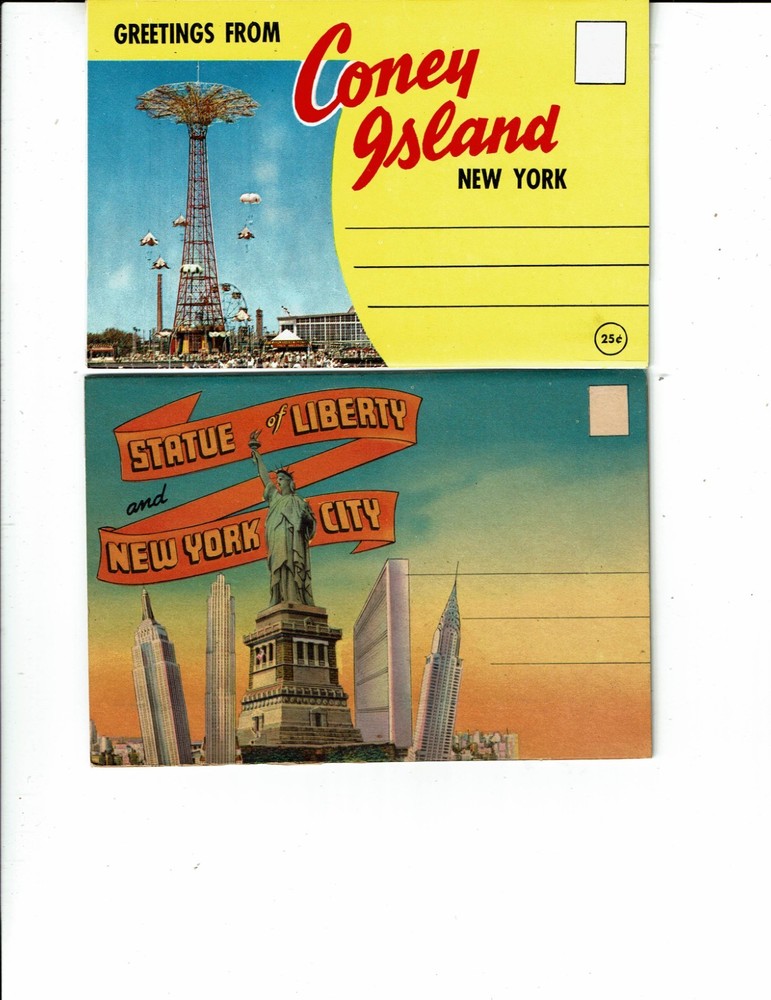 Lot of 2 Post Card Folders, New York City, Coney Island Amusement, Statue Libert