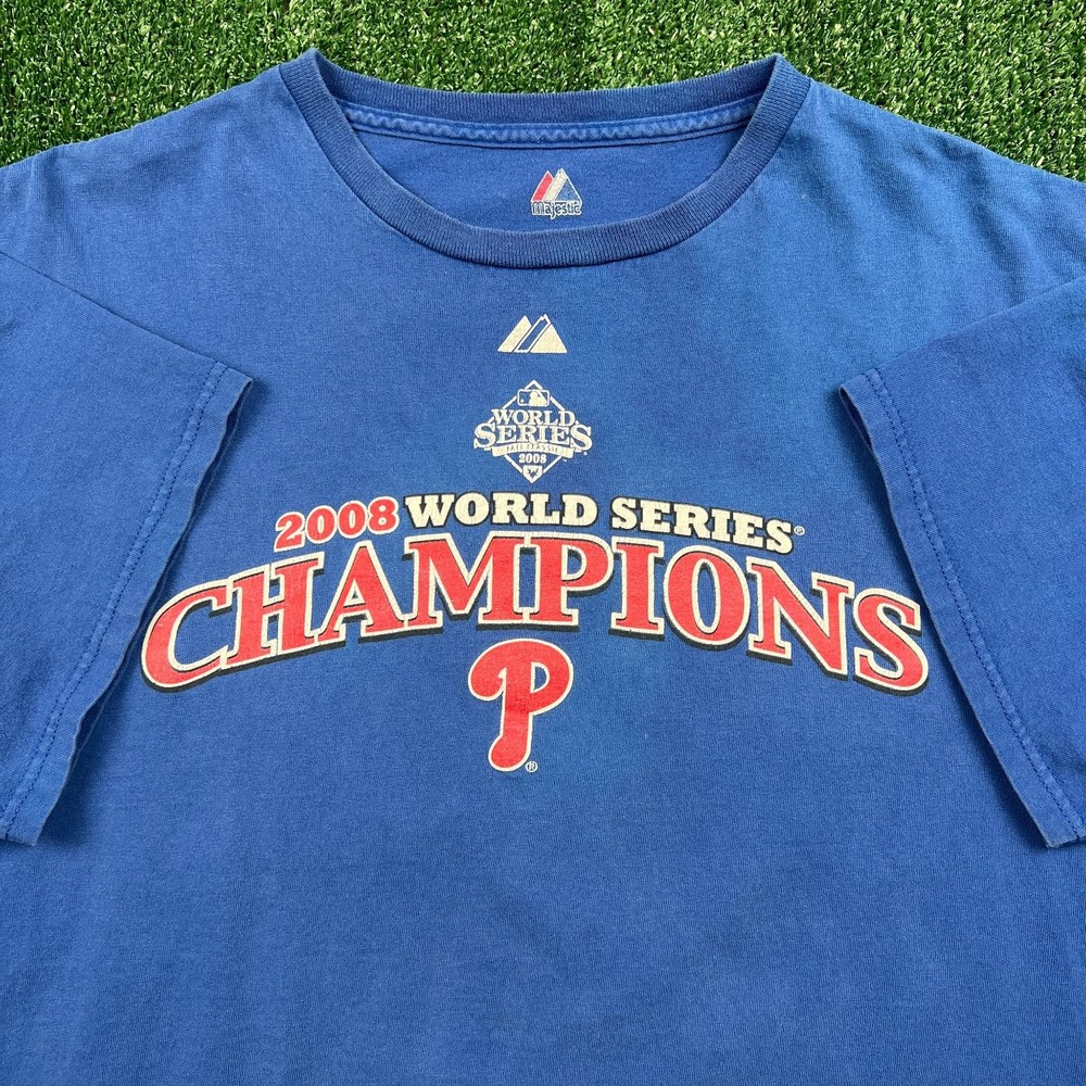VTG Majestic Men's Blue L 2008 World Series Champions Phillies T-Shirt Cotton
