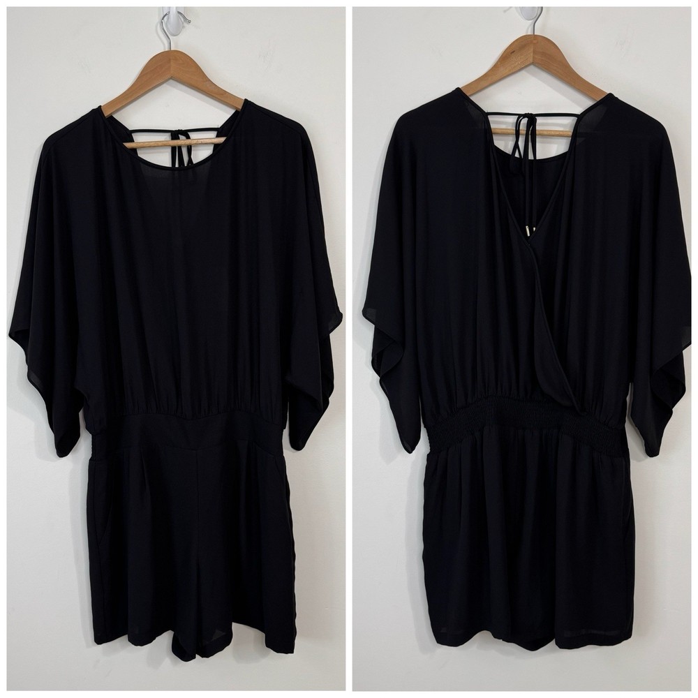 NWT White House Black Market Kimono Sleeve Romper Size 14 Black Pockets