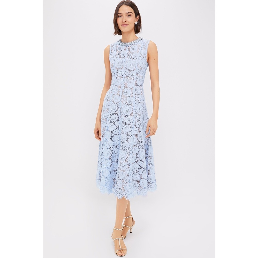 SELF-PORTRAIT Blue Fine Lace Pearl Midi Dress Size 0 NWT Retail $585
