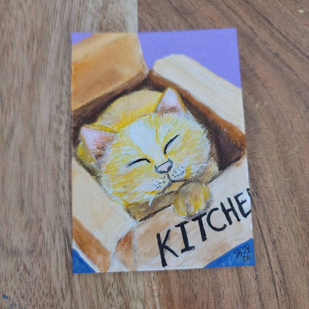 ACEO Original Cat Painting “If I Fits I Sits” by Kristi Ryan Cozy Art