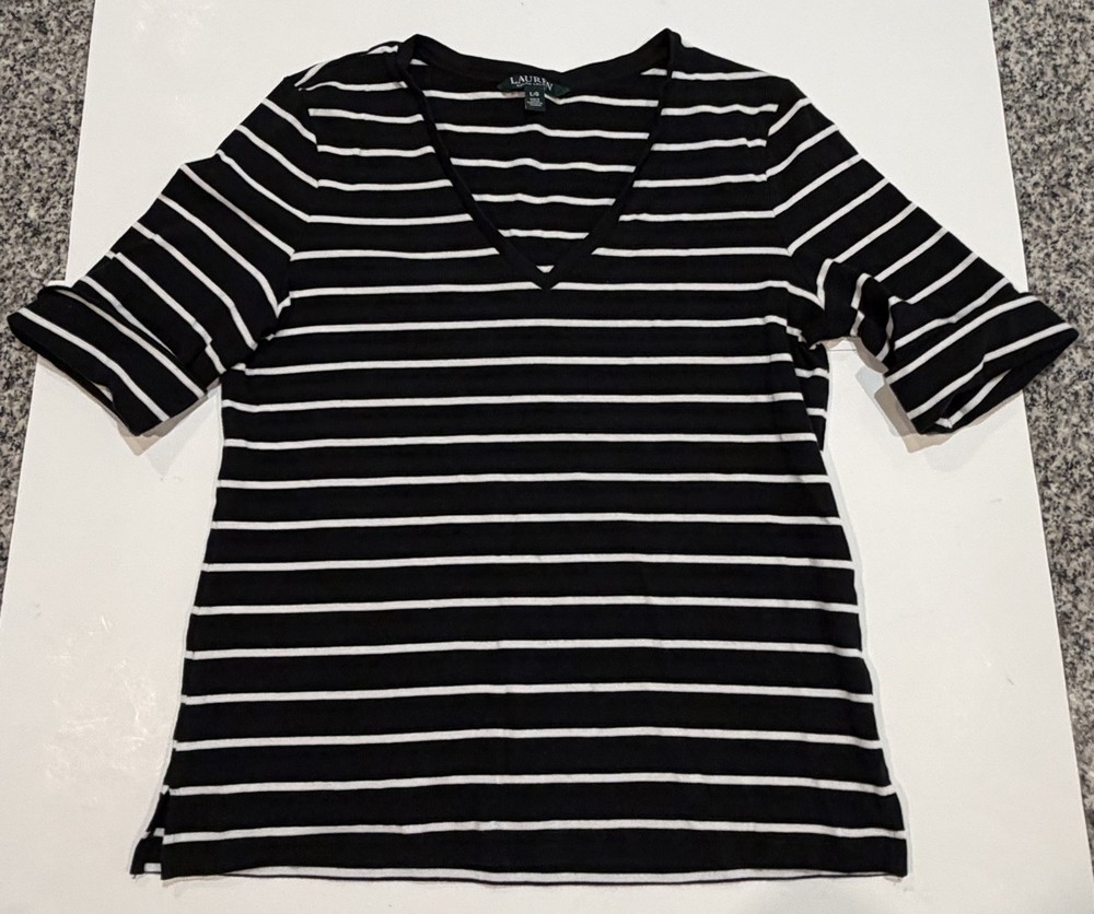 Lauren Ralph Lauren Black & white striped V Neck Short Sleeve Tee Women's L top