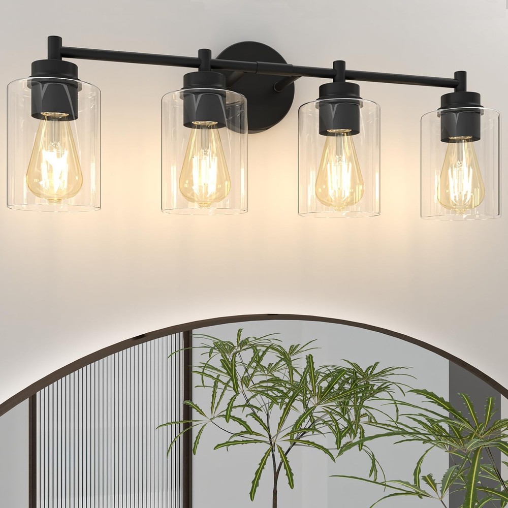4-Light Bathroom Light Fixtures, Matte Black Modern Vanity Light with Clear G...