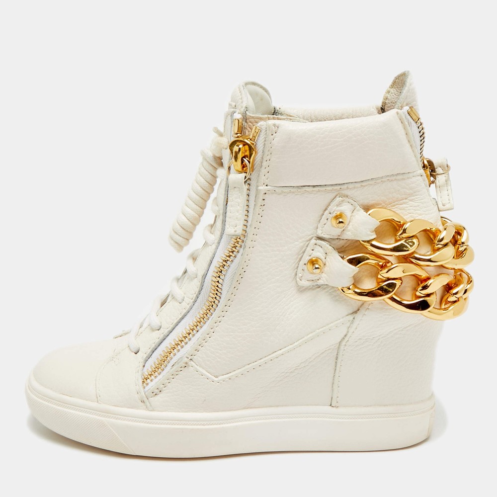 Giuseppe Zanotti Chain Detail Size 37.5 White Leather High Top Wedge Sneakers