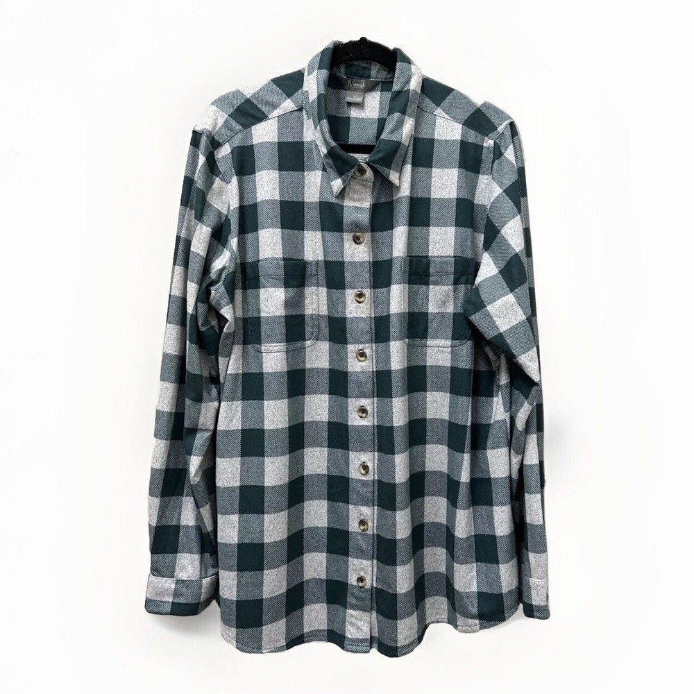 Natural Reflections Womens Fleece Shirt  1X  Green Gray Buffalo Check Cabincore
