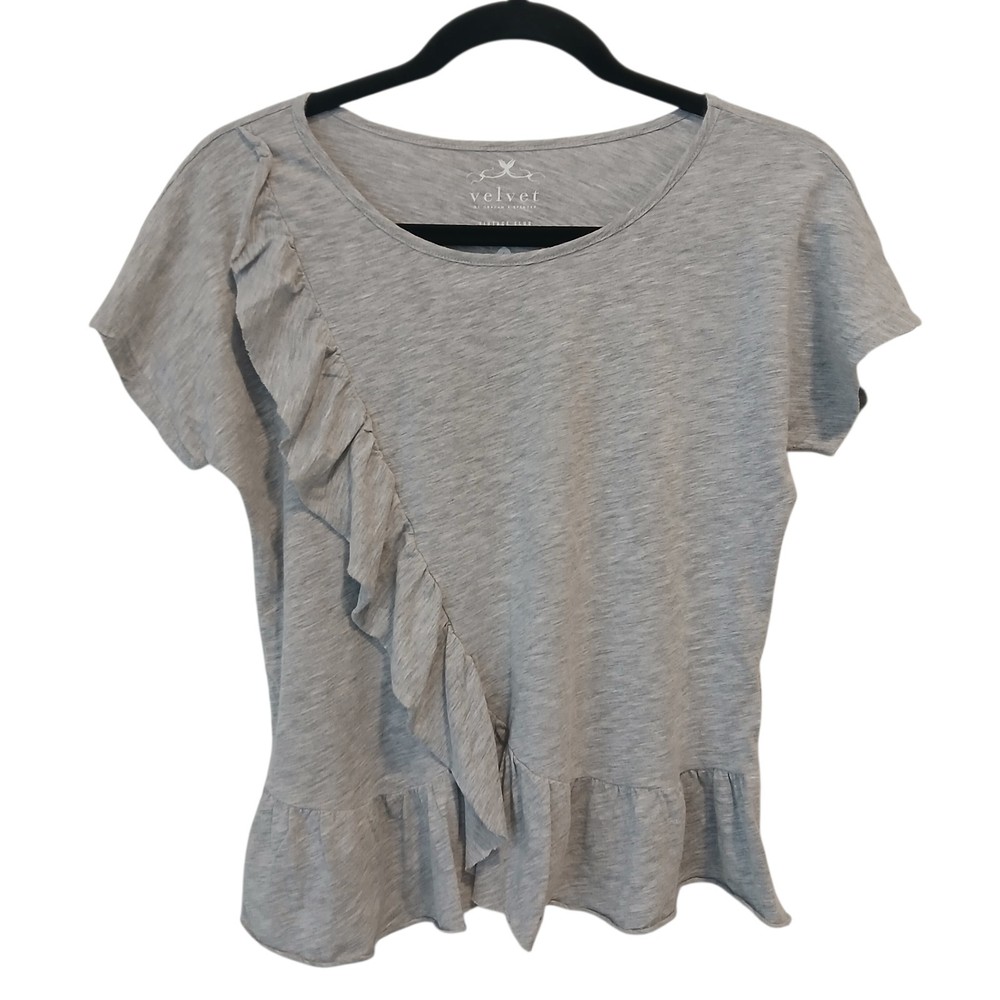 Velvet by Graham & Spencer Vintage Slub Ruffle Short Sleeve Gray Tshirt Size XS