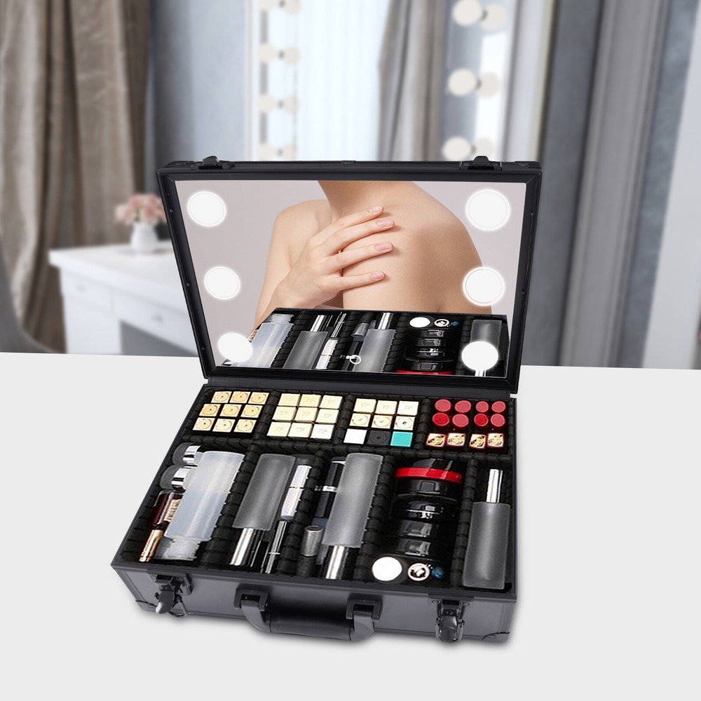 Makeup Train Case w/ LED Light & Mirror Jewelry Storage Box Cosmetic Organizer