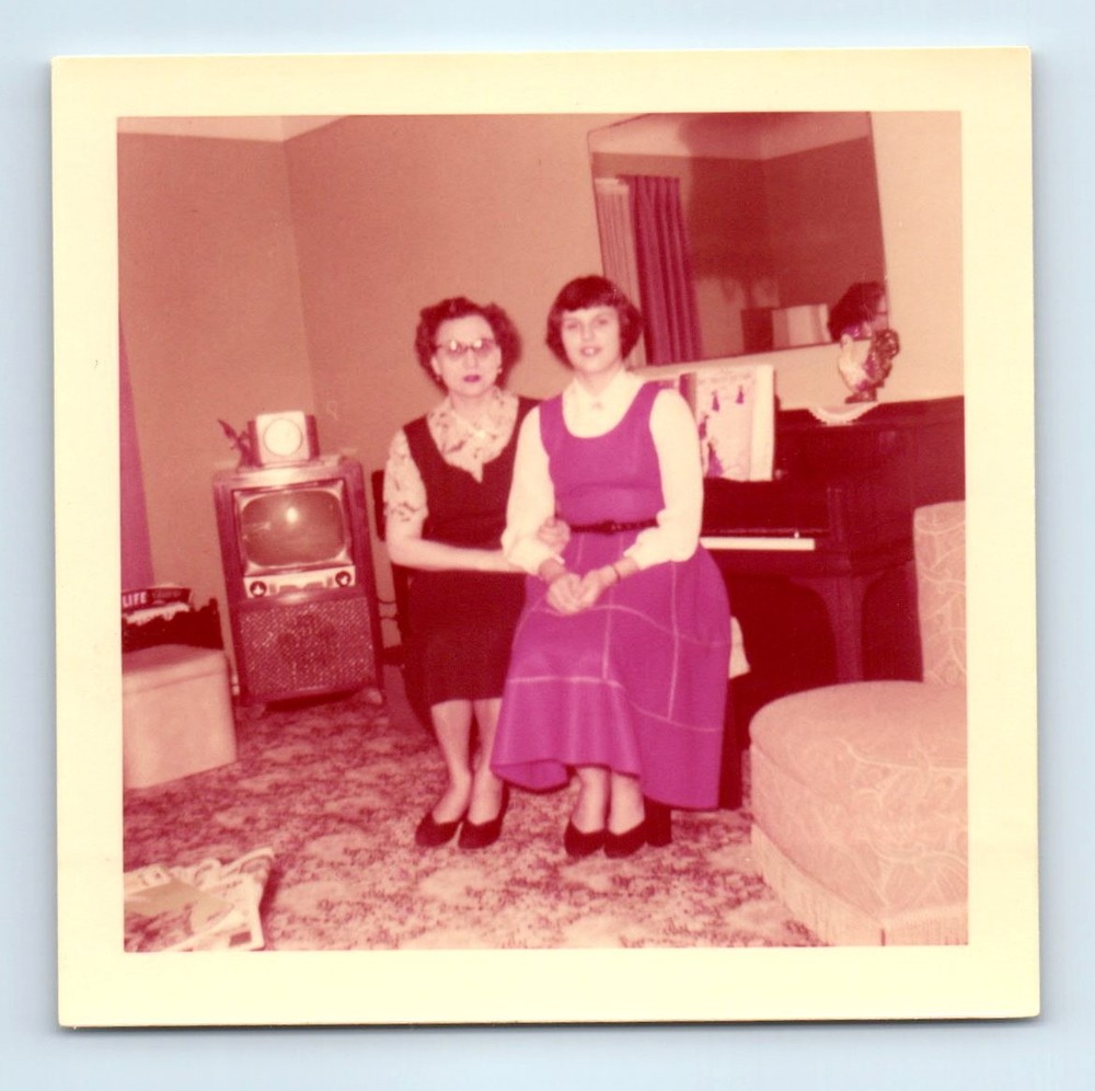 Old Vintage Square Color Photo PAIR DUO WOMEN ANTIQUE TV TELEVISION 1950S