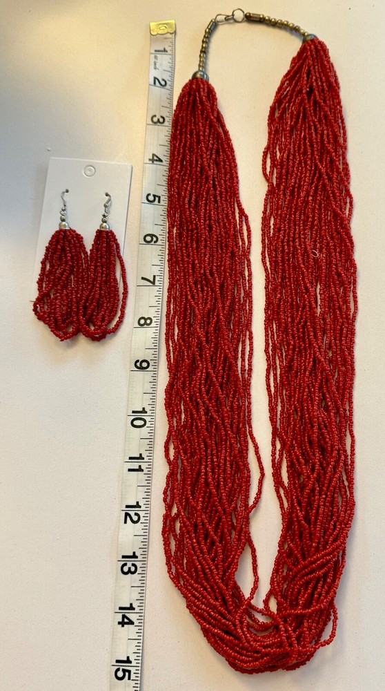 Red Seed Bead Strands Necklace & Dangle Earrings Matching Set