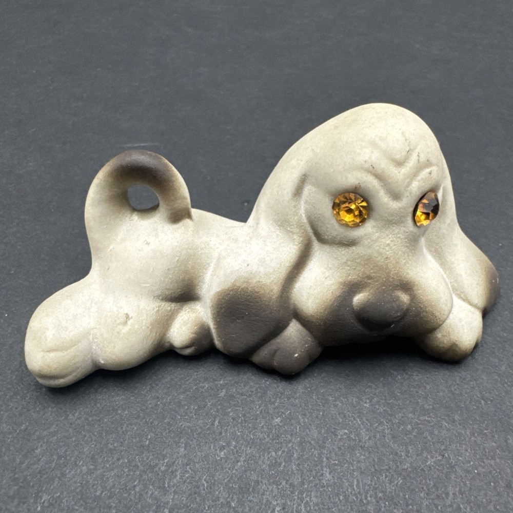 Vintage Roselane #99 Hound Puppy Dog Ceramic Figurine Yellow Rhinestone Eyes