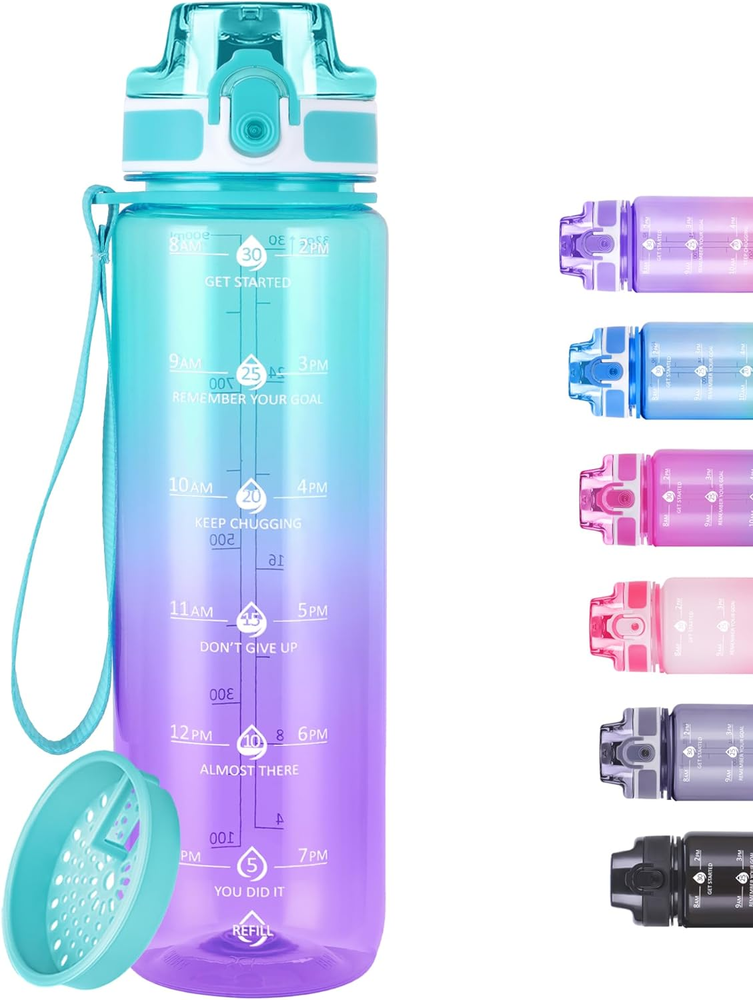 32Oz Motivational Water Bottles with Time Marker & Fruit Strainer, Transparent G