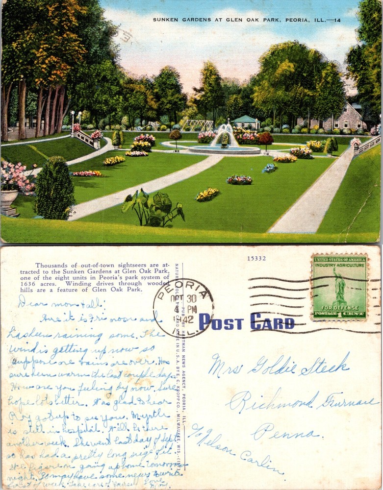 Sunken Gardens Glen Oak Park Peoria Illinois IL Postcard