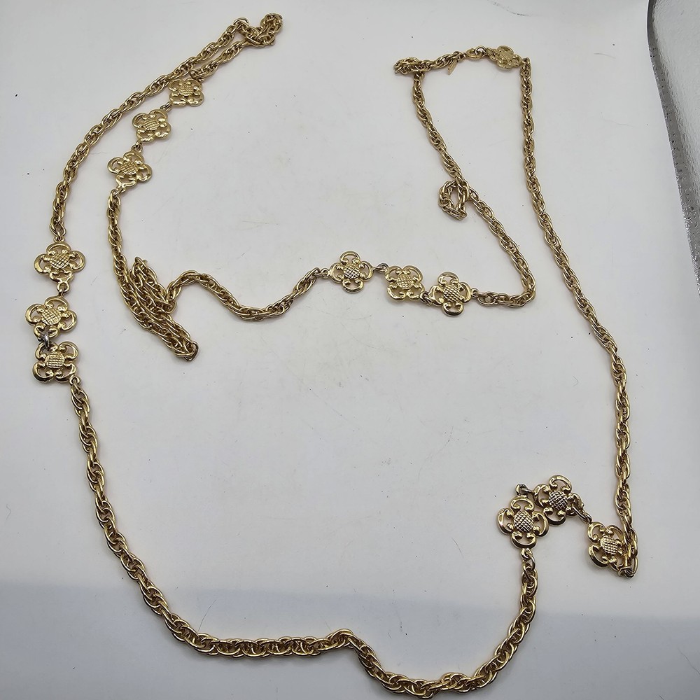 Monet Necklace 50” Long Gold Tone Chain With Ornate Design Signed Estate Find