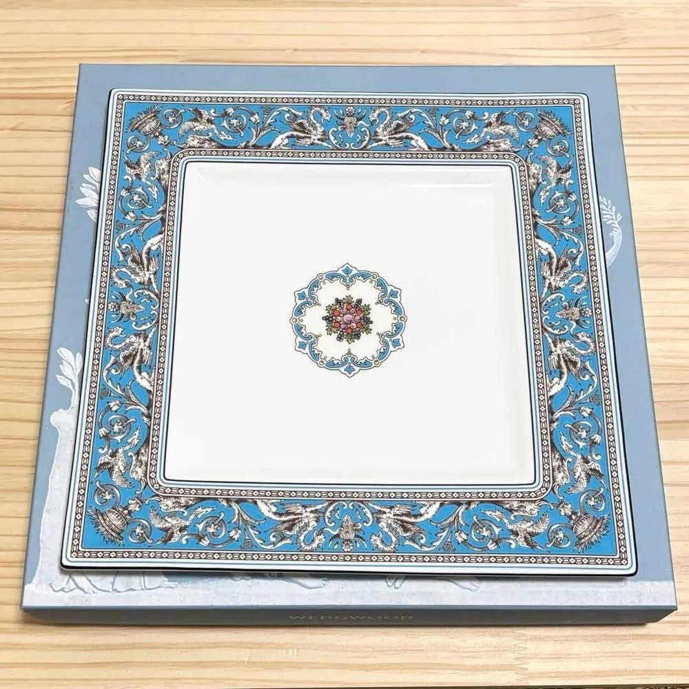 Wedgwood Florentine Turquoise Square Plate with Box, Bone China, Unused
