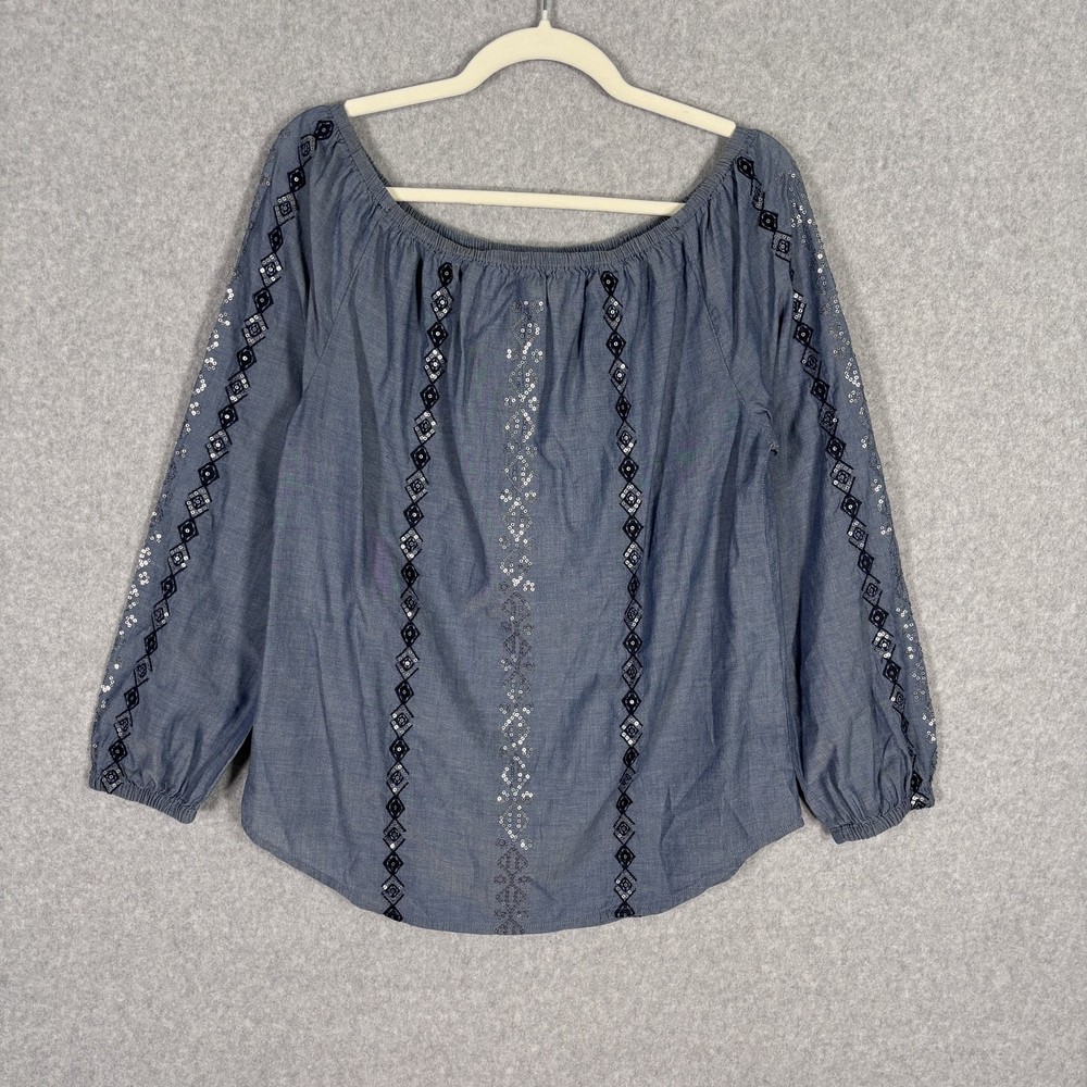 Chicos Peasant Top Small Embroidered Sequin Chambray Cotton Boho Cottage Sparkle