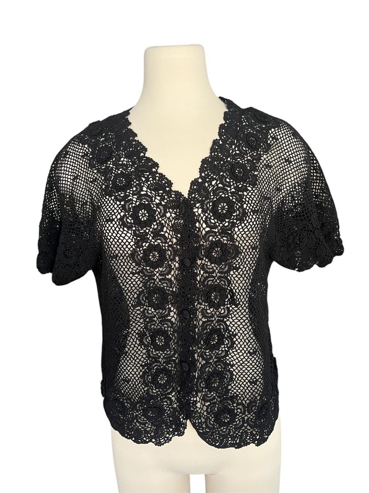 Vintage Rare 1990’s Handmade Shanghai crochet button down Black blouse laced