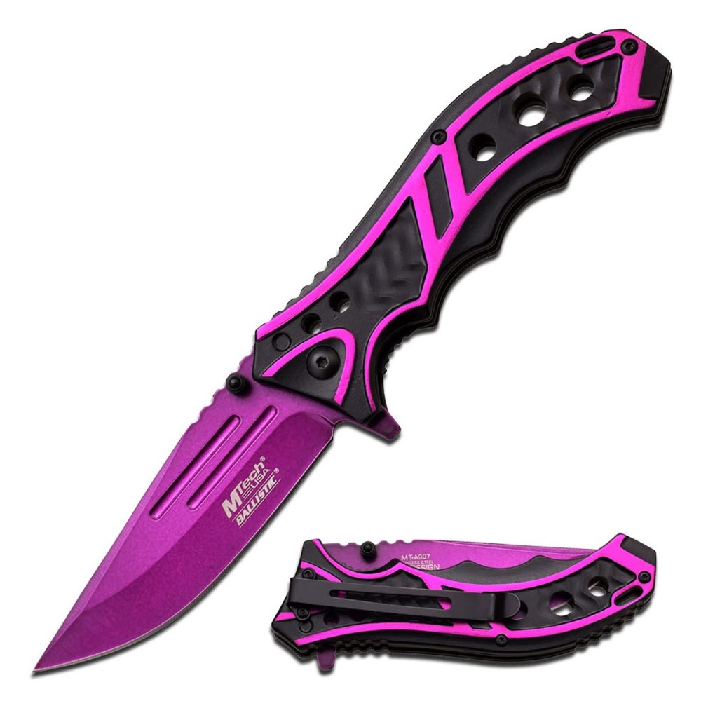 Spring Assisted Folding Knife with Purple Stainless Steel Blade and Black Handle
