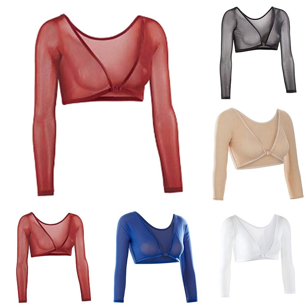 Women Long Sleeve Crop Top Transparent Mesh Undershirt Both Side Wear Shirt