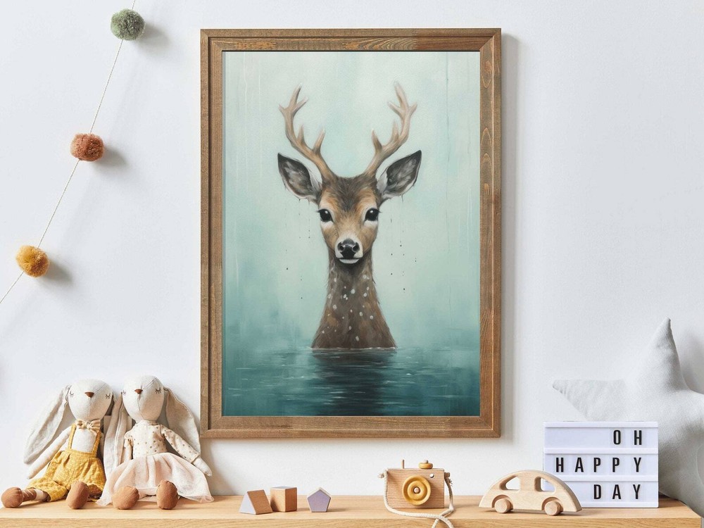 Deer Wall Art Woodland Nursery Decor Forest Animal Bathing Print