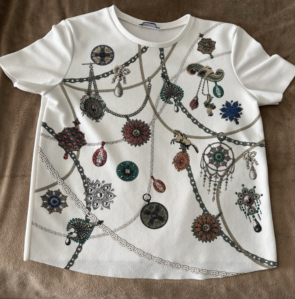 Zara Basic Graphic Print Short Sleeve T-Shirt White Multicolor Size Large
