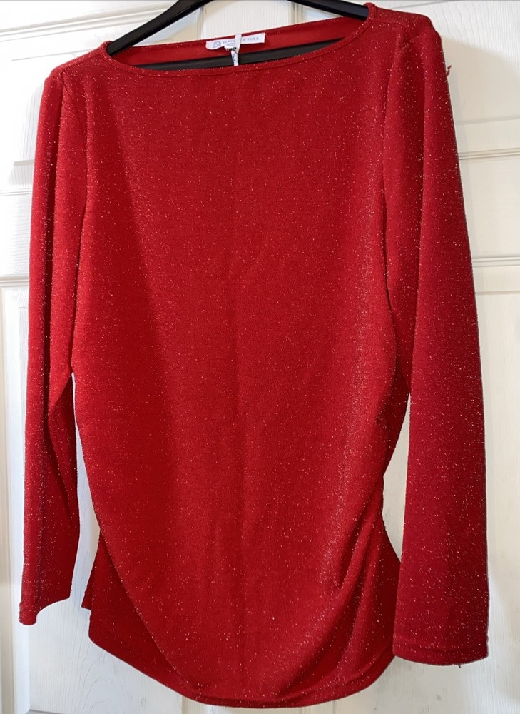 Woman’s Blouse Red Sparkly Shimmery Fitted Waist Slimming Long Sleeve