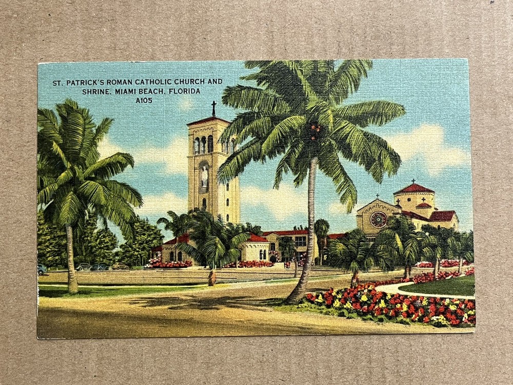 Postcard Miami Beach Florida St Patrick's Roman Catholic Church Shrine Vintage