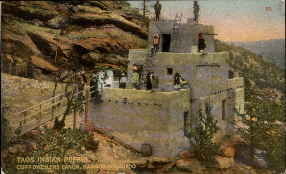 Manitou Colorado Taos Indian Pueblo cliff dwellers in Canon vintage postcard