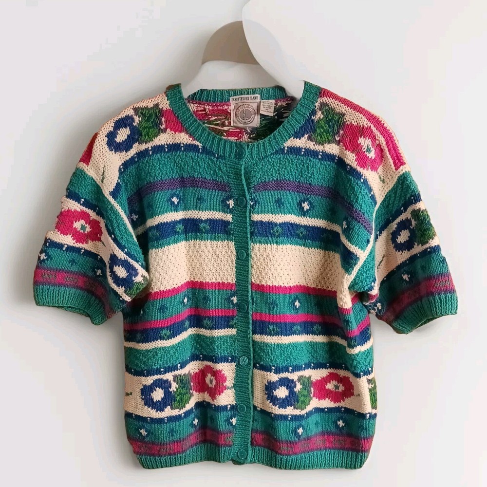 Cape Isle Knitters Vintage Sweater Hand Knit Short Sleeve Colorful Floral Size M