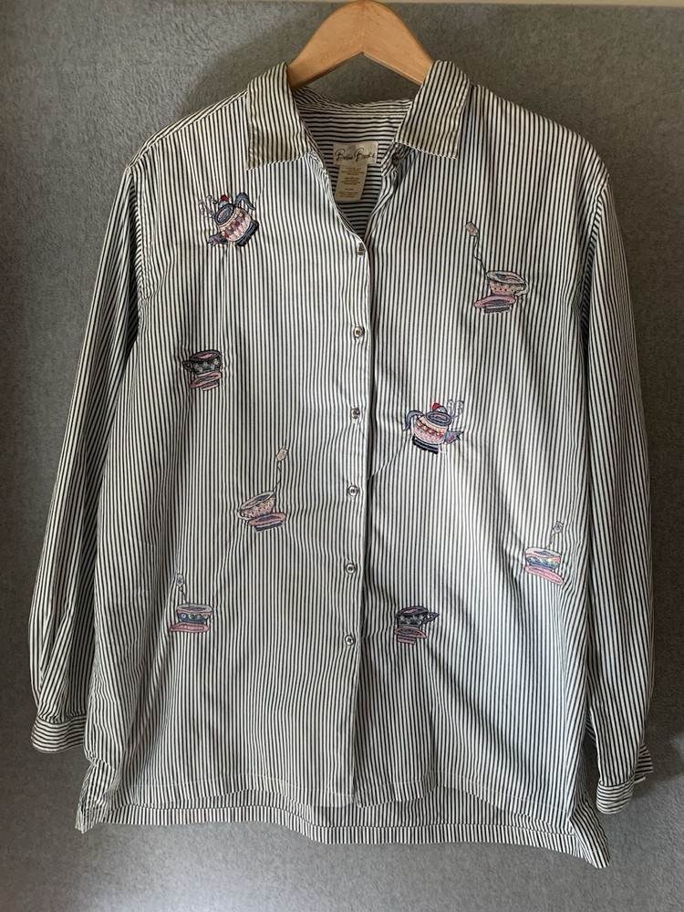 Bobbie Brooks Blouse sz XL Embroidered Tea Time Theme Button Up Striped Top